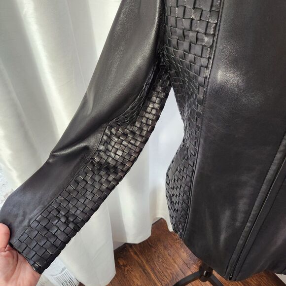 Kasper Vintage Womens Large Black 90s Genuine Leather Jacket Waffle Woven Moto - Picture 4 of 11